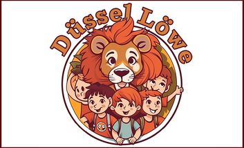 Comiczeichnung von Düssel Löwe mit einem Löwen und Kindern