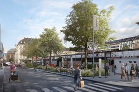 Die Visualisierung zeigt den Carlsplatz der Zukunft, dessen Gesicht von mehr Grün, Barrierefreiheit und einer besseren Nahmobilität gekennzeichnet ist. Visualisierung: Connected Mobility Düsseldorf