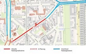 Die Arbeiten auf der Bagelstraße schließen die Lücke zwischen den neuen Radverkehrsanlagen auf der Franklinbrücke und der Prinz-Georg-Straße. Foto: Amt für Verkehrsmanagement