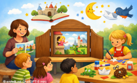 Mit KI generiertes Bild, das ein Kamishibai Holztheater, Kinder und eine Erzählerin zeigt.