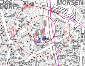 Die Gefahrenbereiche A und B der Bombenentschärfung am 4. November in Düsseldorf-Derendorf in der Übersicht. Grafik: Landeshauptstadt Düsseldorf, Feuerwehr