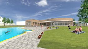 Animation Außenanlage des neuen Mehrgenerationen-Gesundheitsbads in Benrath; Foto: Bädergesellschaft Düsseldorf mbH