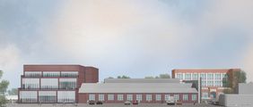 Animation zur Modernisierung und Erweiterung des tanzhaus nrw: Blick auf die Westseite des Gebäudekomplexes. Links außen ist der geplante Neubau zu sehen; Foto: Sieber Architekten