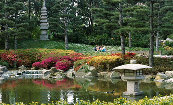 Drei Personen picknicken am Teich im Japanischen Garten