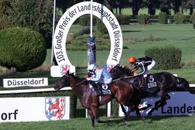 Packender Zieleinlauf beim 103. Großen Preis der Landeshaupstadt: Favorit Brave Emperor setzt sich mit seinem Jockey Luke Morris vor Parol unter Maxim Pecheur durch