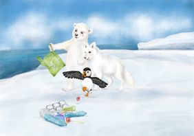Zeichnung: Eisbär "Polli", ein Polarfuchs und ein Papageitaucher stehen auf einer Eisscholle im Meer, auf der sich jede Menge Plastikmüll befindet