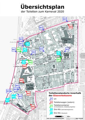 Die Grafik zeigt die Standorte der temporären öffentlichen Toiletteneinrichtungen in der Düsseldorfer Altstadt an den tollen Tagen. Grafik: Ordnungsamt