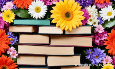 KI generiertes Bild mit Bücherstapeln und Blumen