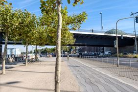Foto vom RAdweg oberhalb des Rheinufers direkt unterhalb der Theodor-Heuss-Brücke
