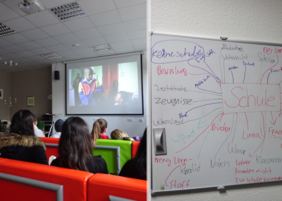Filmschauen beim KiKiFe im zeTT und Aufzeichnungen auf einer Tafel zu den Themen Umwelt, Nachhaltigkeit, Schule und Bildung © zeTT
