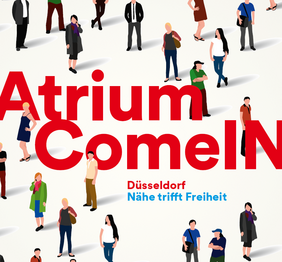 Auf dem Bild wird ein in rot gehaltener Schriftzug "Atrium ComeIN" dargestellt. Um den Schriftzug herum sind schemenhaft Personen abgebildet.