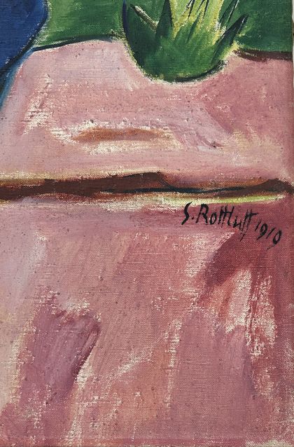 Rosa und grüner Detailausschnitt Gemälde von Karl Schmidt-Rottluff, „Juniabend“ (1919)