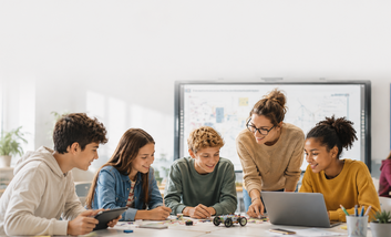 Lehrerin und Schülerinnen und Schüler arbeiten gemeinsam mit Laptop, Tablet, Smartboard und Robotikmodell im Unterricht