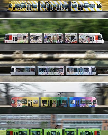 Straßenbahnen als Werbeträger (Ausschnitt), 2017, Fotografie: Rainer Bergner, aus der Ausstellung: Werbung - die Kunst der Kommunikation 