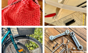 Fotocollage mit unterschiedlichen Handarbeiten- und Werkenbeispielen wie Stricken oder Fahrradreparatur