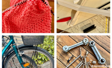 Fotocollage mit unterschiedlichen Handarbeiten- und Werkenbeispielen wie Stricken oder Fahrradreparatur