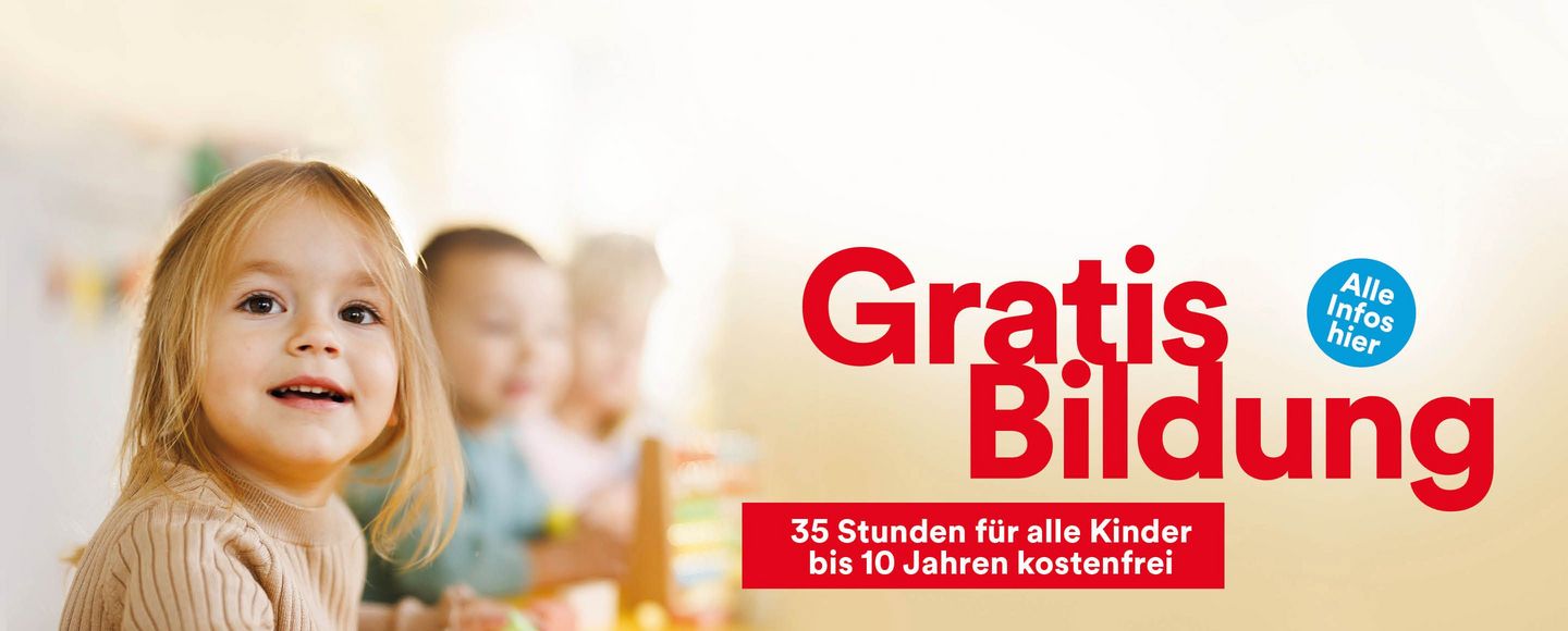 Man sieht drei Kinder und die Schrift "Gratis Bildung"