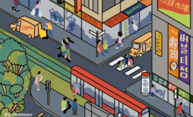 Bunte Comic-Graphic, die einen Straßenzug und hohe Gebäude mit ein paar Bäumen zeigt