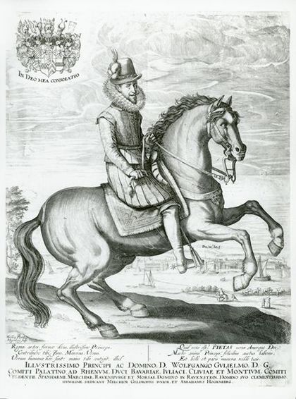 Wolfgang Wilhelm von Pfalz-Neuburg zu Pferde vor der Düsseldorfer Rheinfront, um 1614, Abraham Hogenberg (nachweislich tätig um 1608 – 1653) nach Melchior Geldorp (nachweislich tätig 1602 – 1637), Kupferstich, Inv.-Nr. D 925