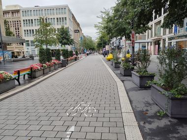 Foto von der Schadowstraße mit Radweg und den neuen Pflanzkübeln auf der rechten Seite des Radweges.
