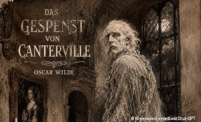 Mit KI erstelltes Bild eines Geistes in einem alten Gebäude mit dem Text: Oscar Wilde - Das Gespenst von Canterville