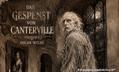 Mit KI erstelltes Bild eines Geistes in einem alten Gebäude mit dem Text: Oscar Wilde - Das Gespenst von Canterville