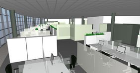 Ein Raumkonzept mit offenen Bürostrukturen wird geschaffen. Dabei werden die Backoffice-Bereiche von den Frontoffice-Bereichen (Schalterbereich für Privat-kund*innen) optisch und akustisch klar getrennt.