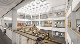 Im Mittelpunkt steht die funktional gestaltete Sitzstufenanlage, die für Unterrichtszwecke und kleinere Veranstaltungen auch als Tribüne mit rund 120 Sitzplätzen genutzt werden kann; Foto: agn Niederberghaus & Partner GmbH