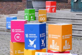 Einige der 17 Ziele für nachhaltige Entwicklung (Sustainable Development Goals) visualisiert vor dem Rathaus. Foto: Gstettenbauer