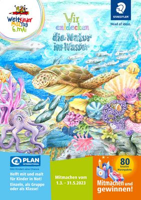 Das Poster zur Aktion zeigt eine Meereslandschaft mit einer Meeresschildkröte im Vordergrund und Korallen sowie kleinen Fischen im Hintergrund. Es handelt sich bei dem Motiv um eine Buntstiftzeichnung