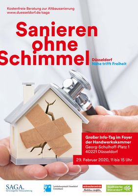 Mit einem Plakat macht das Umweltamt auf den Tag der Saga am Samstag, 29. Februar, aufmerksam. Motto ist "Sanieren ohne Schimmel"; Plakat: Landeshauptstadt Düsseldorf, Umweltamt