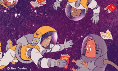 Gratis Comic Tag: gezeichnetes Bild auf dem Kinder in Kosmonautenanzügen umgeben komischen Gestalten und Comics im All schweben.