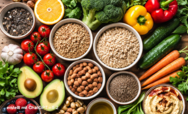 Ein mit KI erstelltes Bild, das viele gesunde Lebensmittel wie Obst, Gemüse, Getreide und Hülsenfrüchte zeigt.