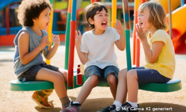 Mit KI erstelltes Bild, das drei Kinder auf Schaukeln beim Streiten zeigt