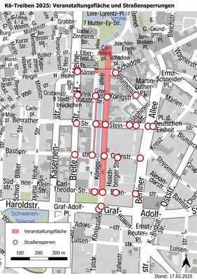 Einen Überblick über den Ort des bunten Kö-Treibens am Karnevalssonntag, 2. März, sowie die damit verbundenen Straßensperren gibt die Grafik. Grafik: Amt für Verkehrsmanagement