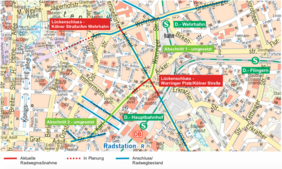 Übersichtskarte zur Radverkehrsmaßnahme Karlstraße auf der die aktuelle Maßne, die Planung und der Anschluss an den Radwegbestand eingezeichnet ist.