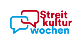 Logo in Blau und Rot mit zwei ineinanderverschlungenen Sprechblasen und dem Schriftzug Streitkulturwochen