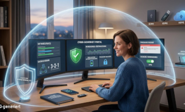 Mit KI generierte Grafik, die eine Frau am Schreibtisch mit Computern und Schutzsoftware zeigt. Darum sieht man einen Schutzschild