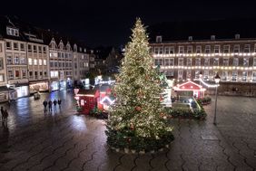Der Weihnachtsbaum auf dem Marktplatz am historischen Rathaus erstrahlt in festlichem Glanz; Foto: Schaffmeister