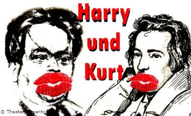Zwei Portraits von Kurt Tucholsky und Heinrich Heine mit zwei roten Kussmündern und dem Text "Harry und Kurt"