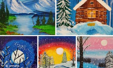 Collage von fünf, in bunten Farben gemalten, Winterbildern