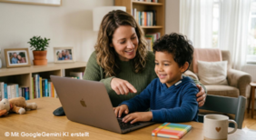 Mit KI erstelltes Bild, das eine Frau zeigt, die ein Kind an einem Laptop unterrichtet