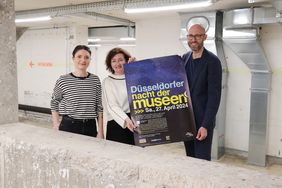Miriam Koch (M.), Beigeordnete für Kultur und Integration, Daniel Tobias Etzel, Geschäftsführer k/c/e Marketing GmbH, und Jessica Jacobi vom Bilker Bunker stellten das Programm der Nacht der Museen 2024 vor, Foto: David Young
