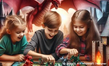 Mit KI erstellte Grafik, die drei Kinder beim Spielen zeigt