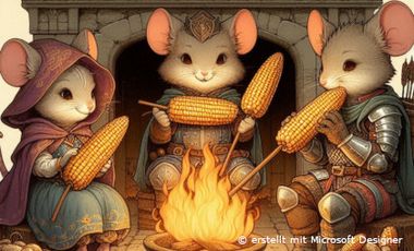 Mit KI erstelltes Bild, das drei vermenschtlichte Mäuse um ein Lagerfeuer zeigt