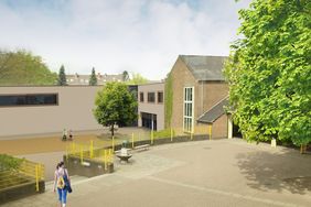 Animation des Erweiterungsbaus an der Katholischen Grundschule Fleher Straße. Landeshauptstadt Düsseldorf/IPM