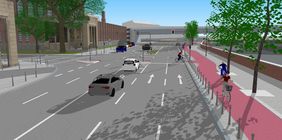 Durch den neu aufgeteilten Straßenraum wird zum Rheinufer mehr Platz für den Seitenraum geschaffen, in dem nun der Rad- und Fußverkehr separiert wird und ein Zweirichtungsradweg in rotem Asphalt Platz findet. Grafik: Amt für Verkehrsmanagement