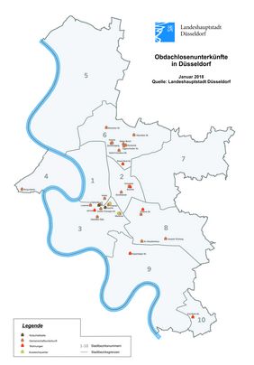 Übersichtskarte Obdachlosenunterkünfte in Düsseldorf