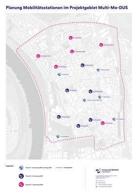 Die Grafik zeigt die schon errichteten sowie die noch geplanten Mobilitätsstationen im Projektgebiet von "Multi-Mo-DUS" in Pempelfort, Derendorf und Golzheim. © Connected Mobility Düsseldorf