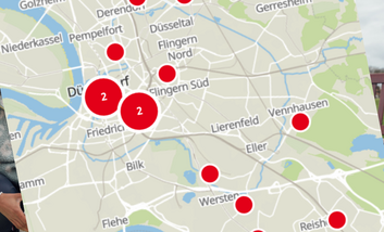 Karte von Düsseldorf mit roten Punkten, wo Bewerbungen für den Preis eingegangen sind